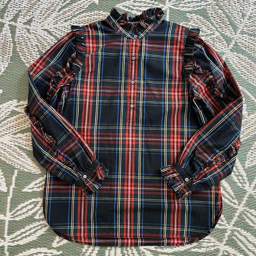 J. Crew Top Women Medium Plaid Ruffle Popover Blouse Red Black Tartan Cotton